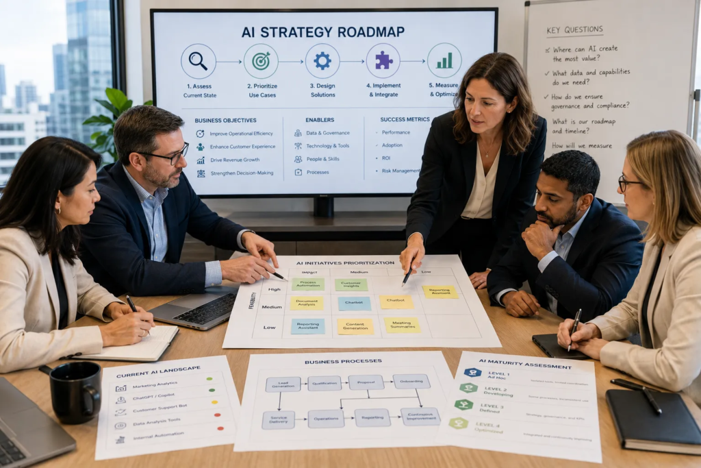 Business leaders planning an AI strategy before expanding AI adoption